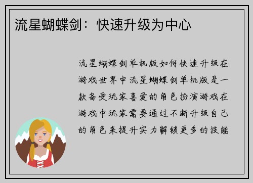 流星蝴蝶剑：快速升级为中心