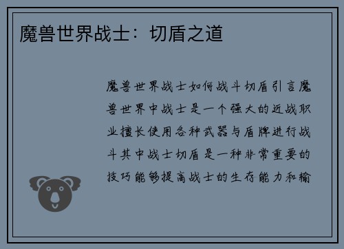 魔兽世界战士：切盾之道