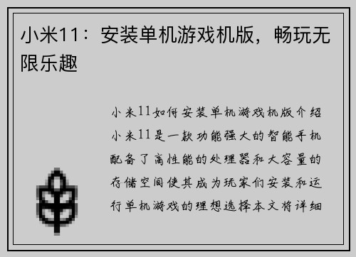 小米11：安装单机游戏机版，畅玩无限乐趣